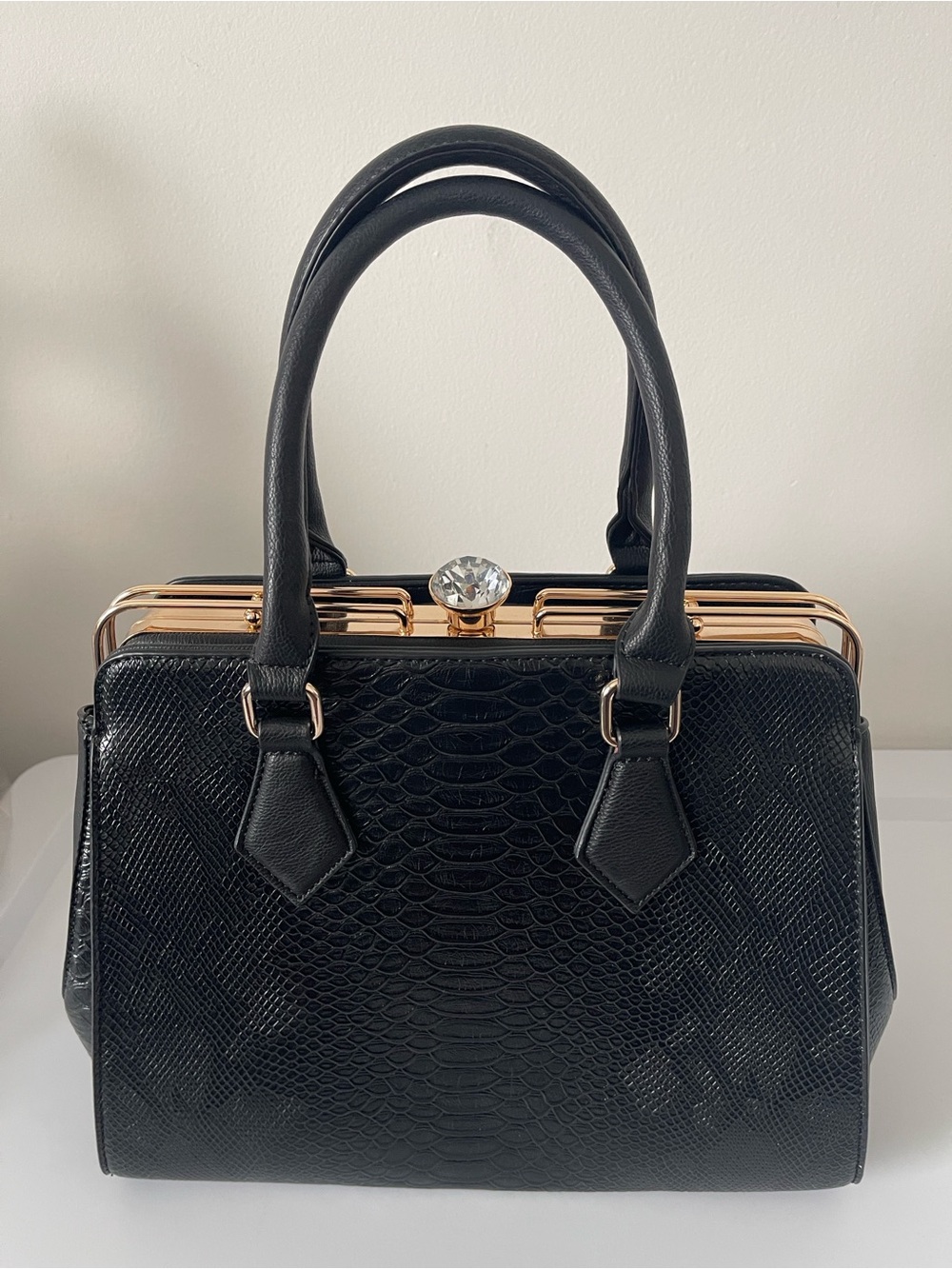 Black Faux-Snake Satchel with Gold Frame and Crystal Clasp